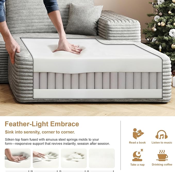 108" Sectional Couches for Living Room Modern Modular Sofa with L-Shape Couchs Upholstered Boneless Couch Deep Seat Sectional Couch with Chaise (Grey, Right Facing Chaise+2Seaters+1Ottoman)-Ruum Studio Home