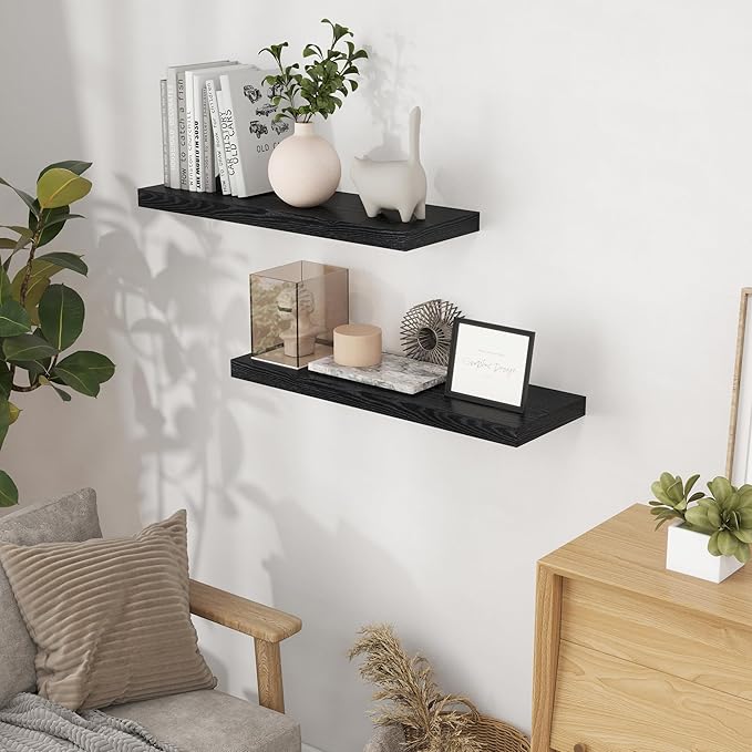 Fun Memories Black Floating Shelves 32 Inch Long, 9 Inch Deep Floating Bookshelf Wall Mounted, Farmhouse Wood Shelves White for Bathroom, Living Room, Bedroom, Home Decor Deep Shelf for Wall Set of 2-Ruum Studio Home