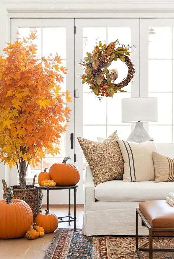 Fall Owl Wreath for Front Door 24 Inch, Autumn Natural Pine Cones Faux Eucalyptus Magnolia Leaf Berry Wreath, Fall Decor for Home Farmhouse Door Wall Window Porch Indoor/Outdoor-Ruum Studio Home