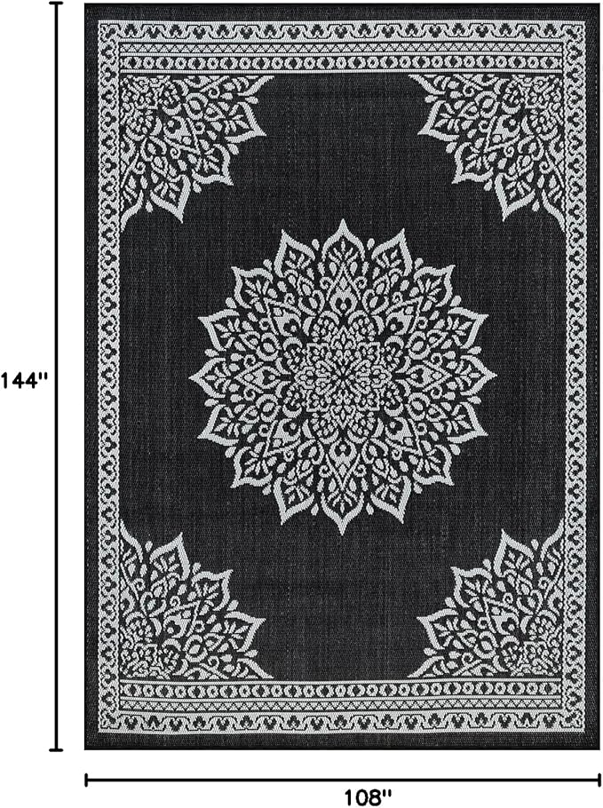 CAMILSON Outdoor Rug, 9x12 Medallion Black White Modern Area Rugs for Large Indoor and Outdoor Patios, Kitchen and Hallway Mats, Washable Porch Deck Outside Carpet (Medallion Black, 9 x 12)-Ruum Studio Home