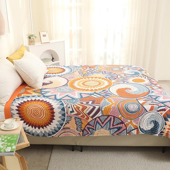 Snycler Boho Throw Blanket for Bed - 100% Cotton Ultra Soft Rustic Quilt Fall Blanket - Orange Floral Printed Farmhouse Decor Bed Blankets, 60"×80" All Season Rustic Throw for Sofa Couch Chair-Ruum Studio Home