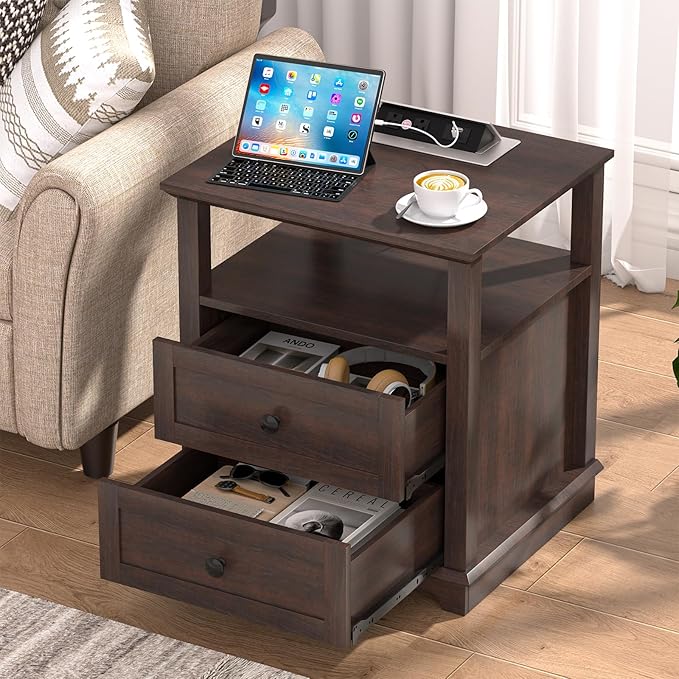 HIFYOBRO 24" Tall End Table with 2 Drawers and Charging Station, Type-C & USB Port & Power outlets, Wooden Storage Cabinet, 21" W Large Side Table with Storage for Living Room and Bedroom (Espresso)-Ruum Studio Home