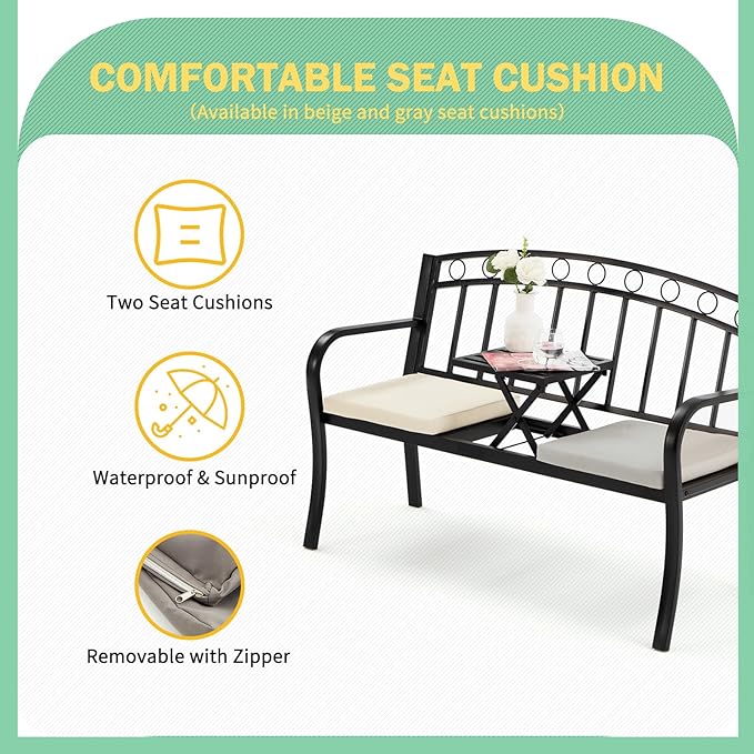 AVAWING Outdoor Metal Garden Bench, 2-Seat Patio Porch Bench with Steel Frame, Park Bench w/Pullout Middle Table＆ Cushion for Backyard Lawn Deck Entryway, Black-Ruum Studio Home