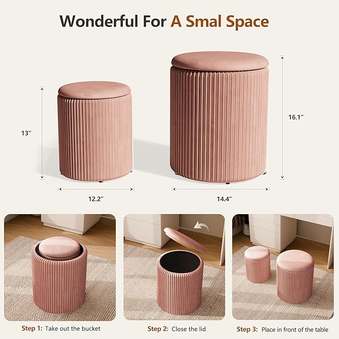Ottoman with Storage Set of 2, Velvet Storage Ottoman, Upholstered Sponge Vanity Stool Support 300lbs, Multifunctional Coffee Table Foot Rest Ottomans for Living Room Bedroom, Pink-Ruum Studio Home
