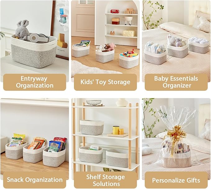Small Cotton Rope Storage Basket Set of 3-11"x7"x7" Perfect Woven Baskets for Storage, Ideal Storage Baskets for Organizing Toys, Towels, and More - Baskets for Shelves（White & Mixed Grey）-Ruum Studio Home