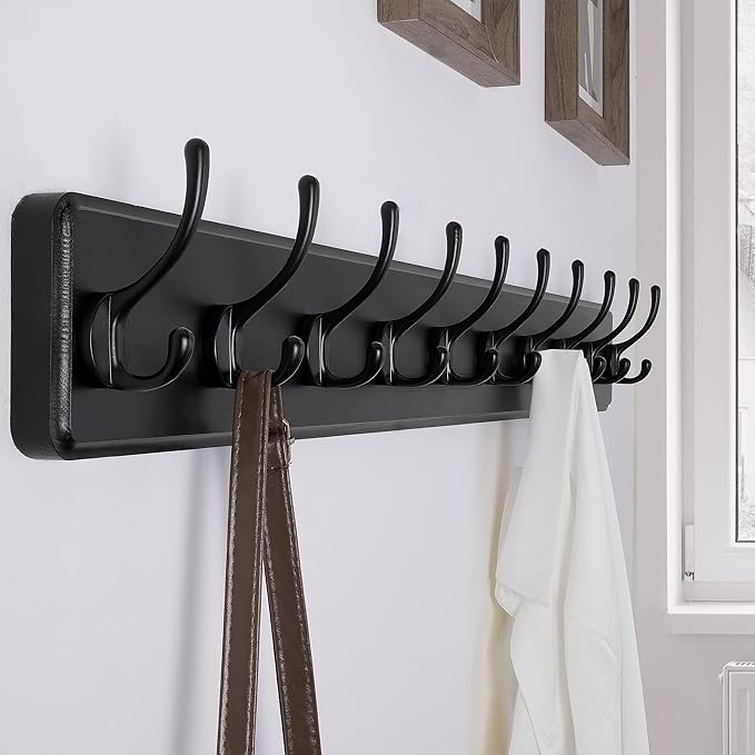 SKOLOO Large Black Wall Mounted Coat Rack - 38.6'' Long Coat Rack for Wall, Pine Solid Wood Coat Hook Hanger - 10 Hooks for Hanging Clothes Backpack Coats-Ruum Studio Home