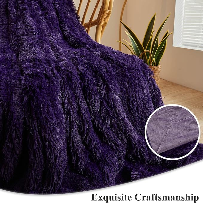 XeGe Plush Faux Fur Throw, Dark Purple Luxurious 50x60 Shaggy Furry Blanket, Thick Fluffy Microfiber Velvet Couch Blanket, Ultra Soft Fuzzy Office Lap Throw for Sofa Bed Car Purple-Ruum Studio Home