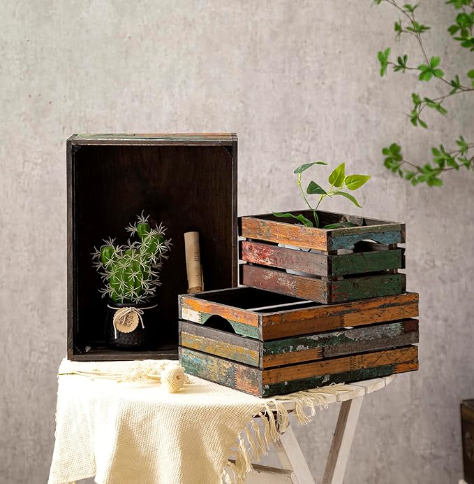 TIMRIS Set of 3 Rustic Distressed Wood Nesting Crates, Farmhouse Decorative Wooden Storage Boxes, Large Vintage Reclaimed Wood Baskets for Display (Random)-Ruum Studio Home