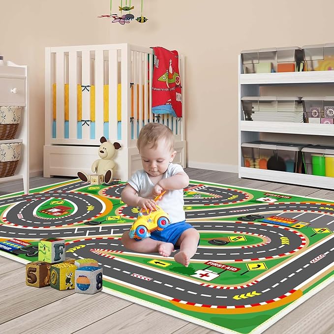 Kids Rug Play Mat Playroom Rugs Car Rugs for Kids Toy Cars Race Track for Classroom Rug(Race-Green, 6.6x9.9ft)-Ruum Studio Home