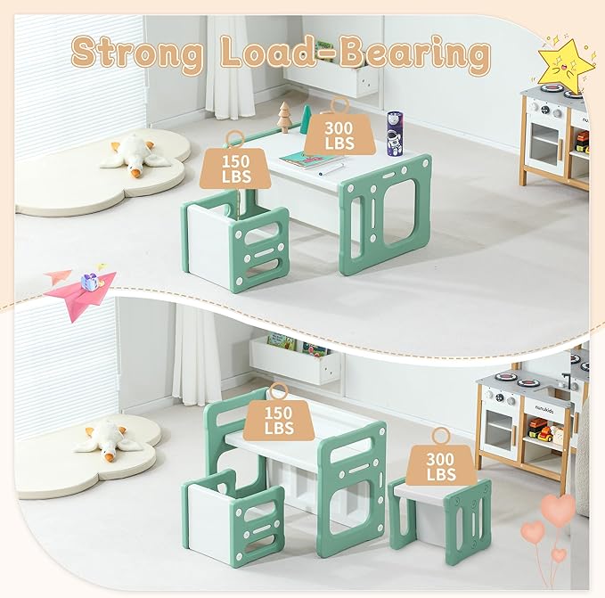 3 in 1 Montessori Weaning Table and 2 Chairs Set, Kids Activity Table Set, 2 Height Levels, Toddlers Activity Table for Drawing, Dining, Reading and Playing, Green-Ruum Studio Home