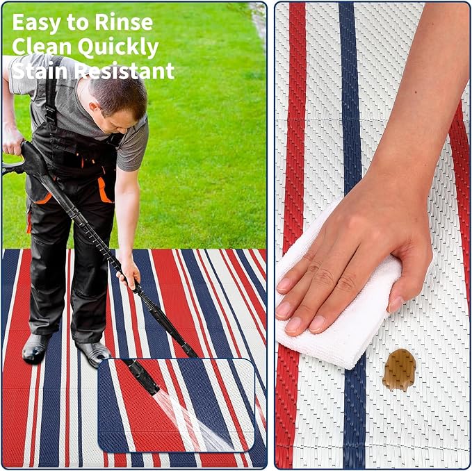 Outdoor Patio Rug 9x12 Stain-Resistant Reversible Camping Mat, Modern Striped Outdoor Plastic Straw Rug, Waterproof Outside Carpet, Easy to Clean for RV, Porch, Deck, Balcony, Red Blue White-Ruum Studio Home