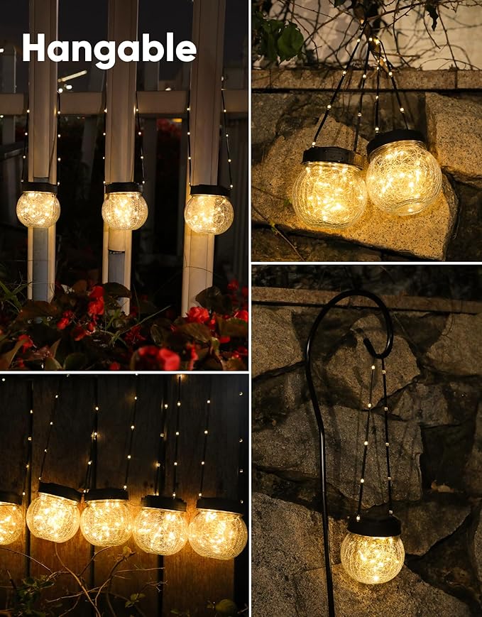PARTPHONER Solar Lanterns Solar Lights Outdoor Waterproof 18-Pack, Solar Powered Hanging Lights Cracked Glass Hanging Globes for Christmas Decoration, Shepherd Hook, Garden Tree Ornaments-Ruum Studio Home
