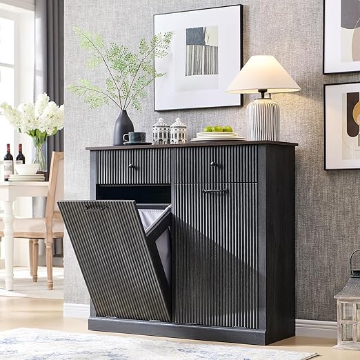 Modern Double Tilt-Out Trash Cabinet, 20 Gallon Fluted Laundry Hamper Cabinet with 2 Drawers, Wooden Hidden Garbage Can Cabinet with Storage Basket, Free Standing for Kitchen & Living Room, Grey-Ruum Studio Home