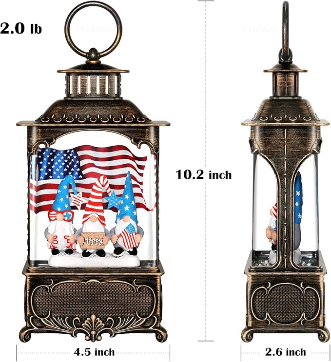 Gnome Snow Globe Lantern 4th of July Decorations with Timer, USB and Battery Powered 4th of July Shirts Patriotic Gnomes and American Flag Independence Day 10.2 inch-Ruum Studio Home