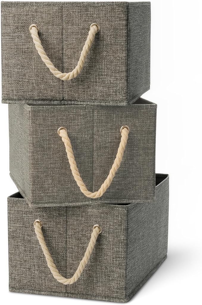 Amazon Basics Foldable Storage Bins with Rope Handles, Charcoal, Large, Pack of 3-Ruum Studio Home