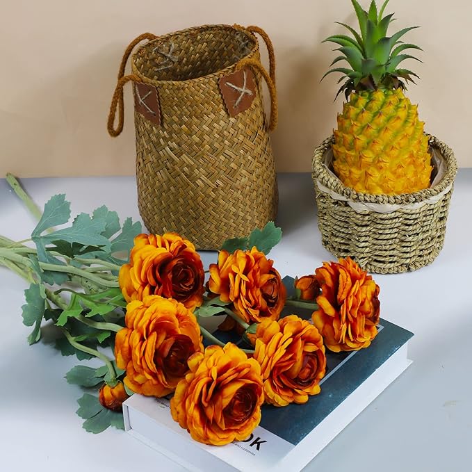 Artificial Flowers Ranunculus Long Stem Buttercup Silk Flowers 6 pcs for Home Decor and Wedding Decorations(Burnt Orange)-Ruum Studio Home