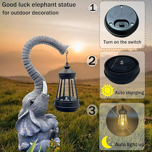 10.6 Inch Statue Elephant with Solar Outdoor Lights for Garden Decor，Lucky Present with Appeal for Birthdays(Man and Women and Family)，Unique Housewarming Presents and Yard Decor. (Gray)-Ruum Studio Home