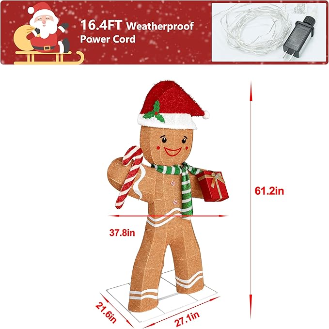 5FT Gingerbread Man with Candy Cane and Gift Box Decoration, 2.5D Pre-Lit Gingerbread Man Decor with 120 LED Lights for Christmas, Freestanding Glittered Holiday Display for Outdoor, Indoor-Ruum Studio Home