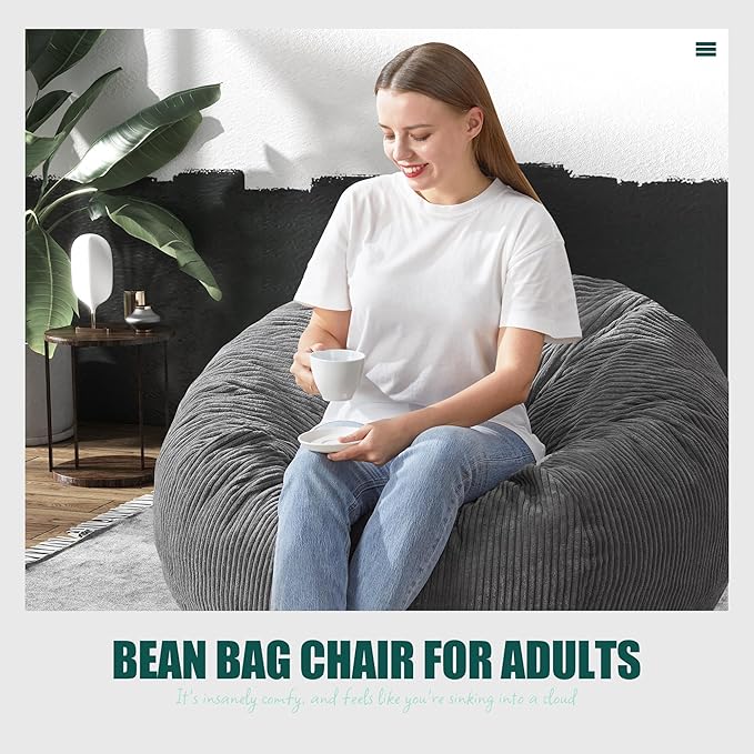 Hobestluk 3.5FT Bean Bag Chair Large Bean Bag with Filler Included Bean Bag Chairs for Adults Teardrop Bean Bag Chair with Removable Cover for Bedroom Living Room - (Large, Grey)-Ruum Studio Home