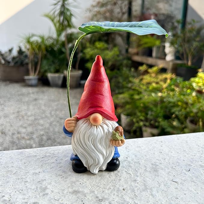 Garden Gnome Statue Decoration with Leaf Umbrella, 6.5” Figurine Ornament for Indoor Outdoor Home Patio Yard Lawn, for Gnome Lovers & Garden Enthusiasts，Mom，Women-Ruum Studio Home