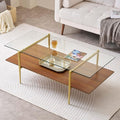 X-Large Rectangle Glass Coffee Table, Mid-Century Modern Design, for Living Room, L47 x W24 x H17 Inch, Clear Glass Top and Walnut MDF Shelf, Sleek Conical Legs with Gold Finish Frame-Ruum Studio Home