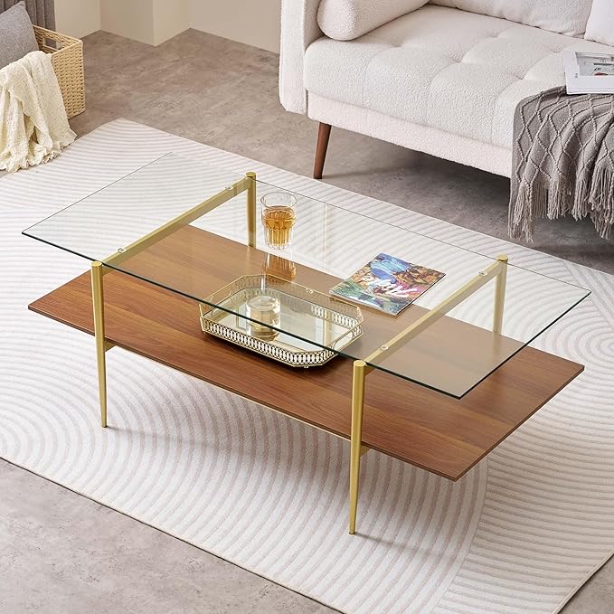 X-Large Rectangle Glass Coffee Table, Mid-Century Modern Design, for Living Room, L47 x W24 x H17 Inch, Clear Glass Top and Walnut MDF Shelf, Sleek Conical Legs with Gold Finish Frame-Ruum Studio Home