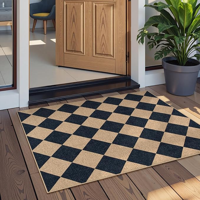 Lahome Checkered Easy Jute Kitchen Rug, 2x3 Front Door Mat Non Slip Washable Neutral Area Rug, Farmhouse Diamond Non Shedding Low Pile Floor Carpet for Entryway Porch Doorway-Ruum Studio Home
