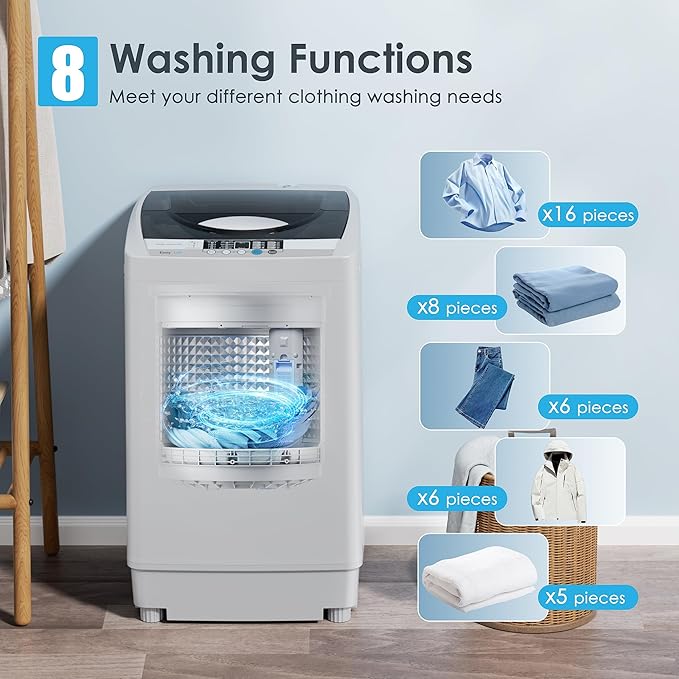 Euhomy 1.59 Cu.Ft. Portable Washing Machine, 11 LBS Capacity, 8 Functions, 8 Water Levels,Full Size Washing Machine with Drain Pump and LED Display for Apartments, RVs, Homes, Gray-Ruum Studio Home