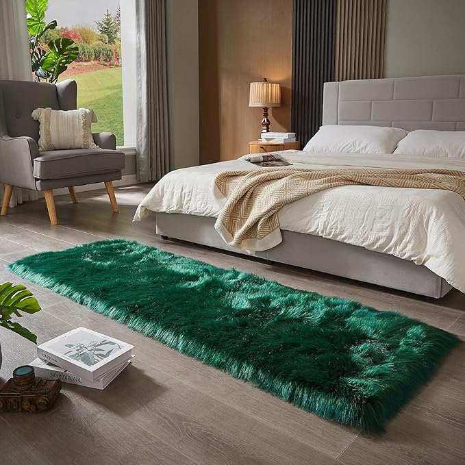 AMTOVO Faux Fur Rug, Dark Green Ultra Soft Fluffy Shag Sheepskin Rug, 2 x 6 ft Runner Area Rugs for Bedroom Sofa Throw Cushion Room Decor, Rectangle-Ruum Studio Home