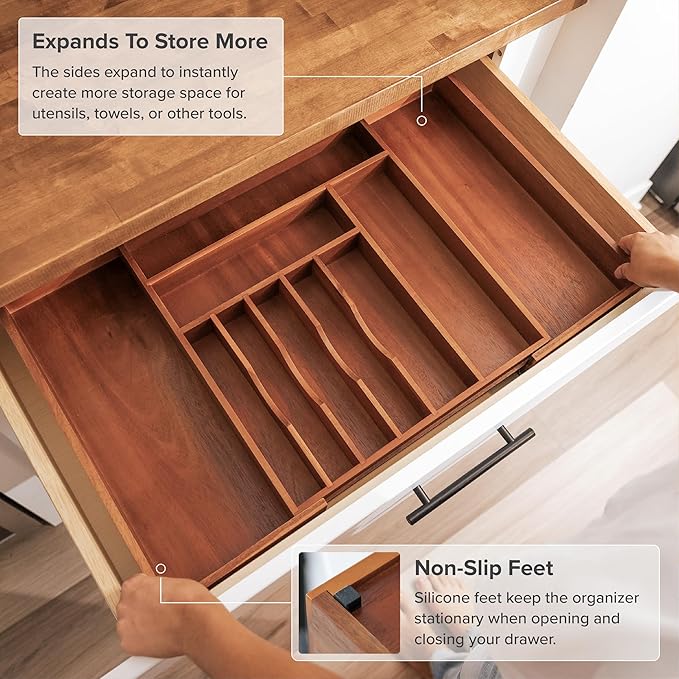 Premium Silverware, Flatware and Utensil Organizer for Kitchen Drawers, Food-Safe Contract Grade, Expandable from 16 to 28 In, Natural Acacia-Ruum Studio Home