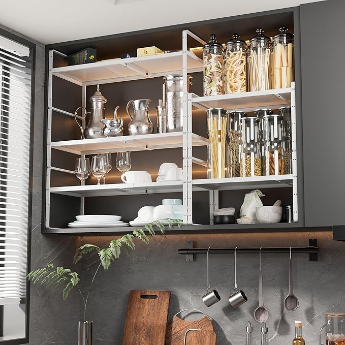 16.5~27.1" Expandable Shelf Organizer, 2Pack 10.2" Wide Stackable Cabinet Shelf Organizers, White Metal Sturdy Kitchen Counter Storage for Countertop, Adjustable Height Spice Rack-Ruum Studio Home