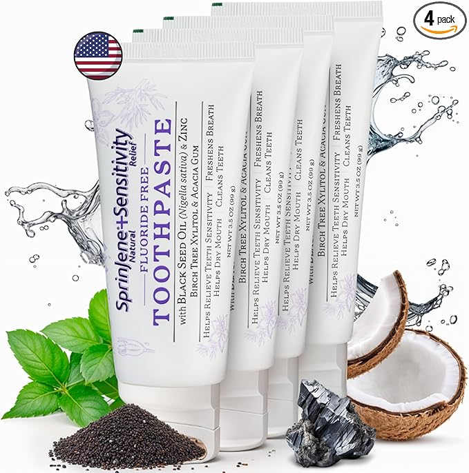 SprinJene Fluoride Free Toothpaste for Sensitive Teeth & Gum Fresh Breath Helps Dry Mouth Natural Non Fluoride Toothpaste for Adult SLS Free, Toxic Preservative Free with Black Seed Oil & Zinc 4 Pack-Ruum Studio Home