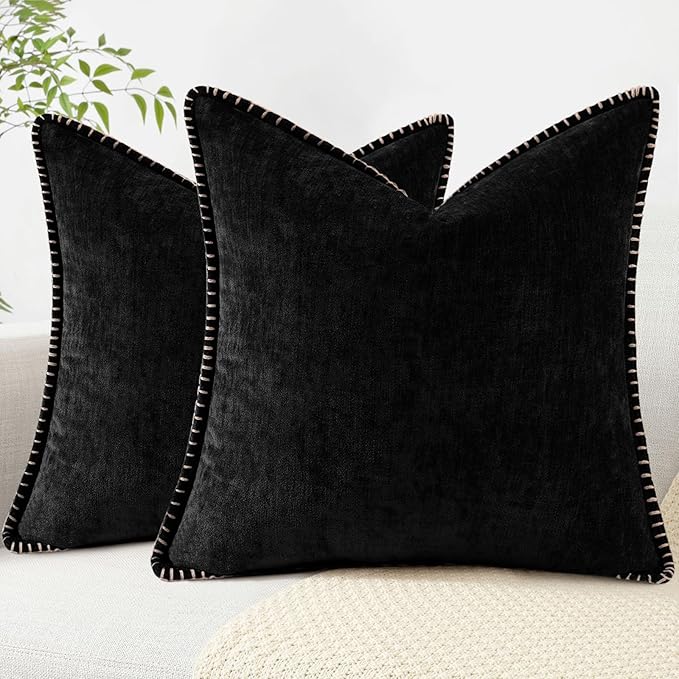 decorUhome Chenille Soft Throw Pillow Covers 26x26 Set of 2, Farmhouse Velvet Neutral Decorative Euro Pillow Covers with Stitched Edge for Couch Sofa Bed Home Decor, Black-Ruum Studio Home