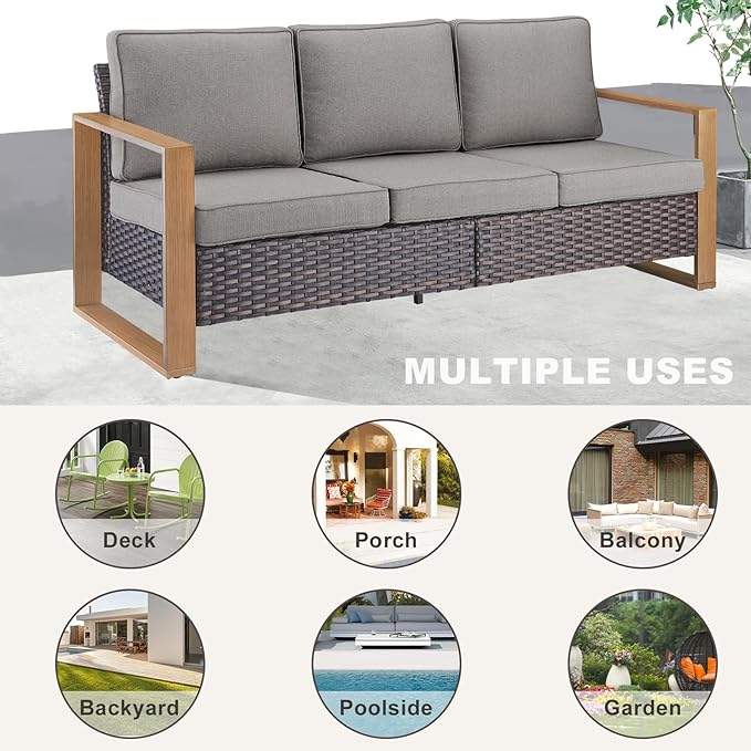 Outdoor Couch Wicker Patio Sofa, Rattan Patio Furniture Sofa with Sturdy Frame,All-Weather PE Wicker,Wide Armrest,Deep Seating and Thick Cushions for Deck Porch Garden(Brown/Grey)-Ruum Studio Home
