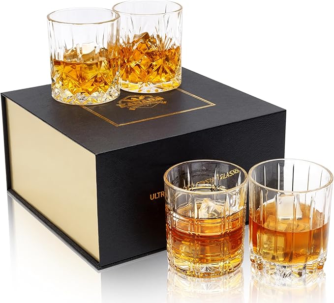 KANARS Whiskey Glasses Set of 4 - Multi Style Crystal Liquor Glasses 10 oz - Rocks Glass Barware For Scotch, Bourbon, Rum and Cocktail, Whisky Gifts for Men-Ruum Studio Home