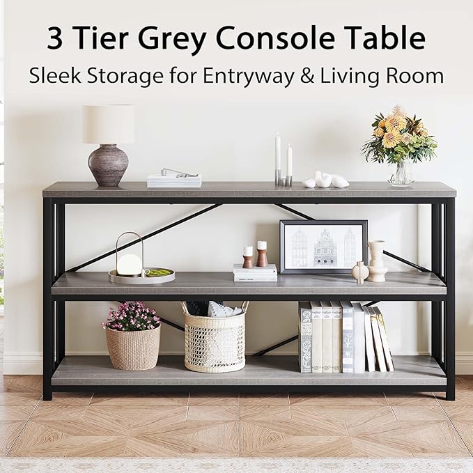 LVB Extra Long 3-Tier Sofa Table, Industrial Console Table with Storage Shelf, Modern Rustic Wood Metal Narrow Entryway Table, Skinny Behind Couch Table for Foyer Living Room Bedroom, Light Grey, 70In-Ruum Studio Home