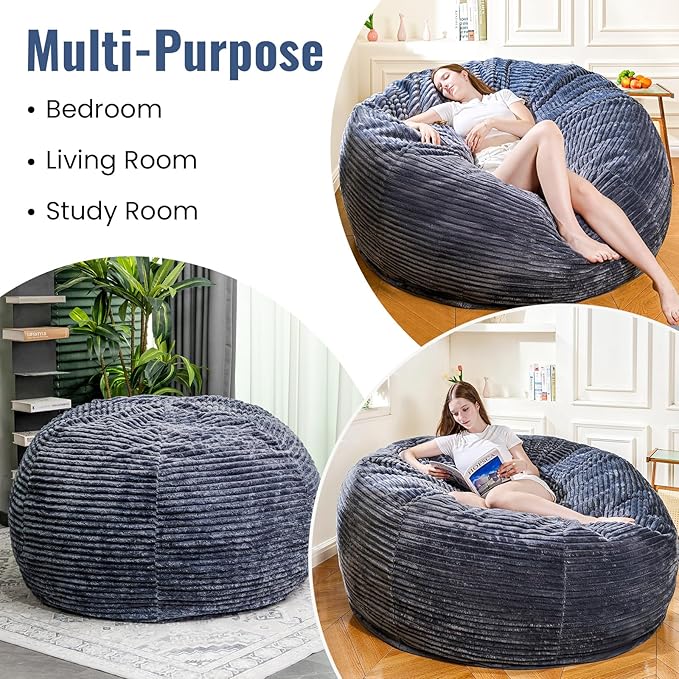 Large Bean Bag Chair, 6FT Giant Beanbag Chairs with Memory Foam Filled, Bean Bag Chairs for Adults, Ultra Soft Lazy Sofa for Living Room Bedroom (Grey)-Ruum Studio Home