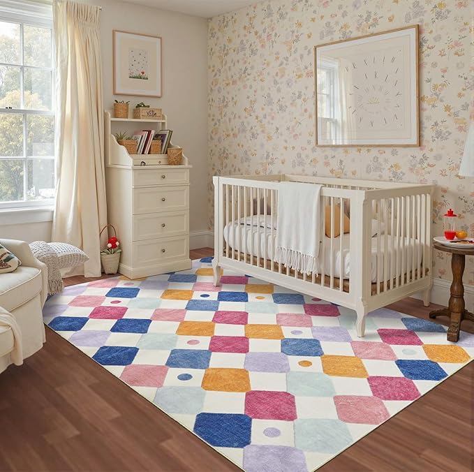 jinchan Area Rug 5x7 Kids Washable Indoor Floor Cover Non-Slip Modern Soft Rug Elementary School Classroom Colorful Diamond Carpet for Nursery Playroom Daycare Bedroom Living Room Berries on Cream-Ruum Studio Home