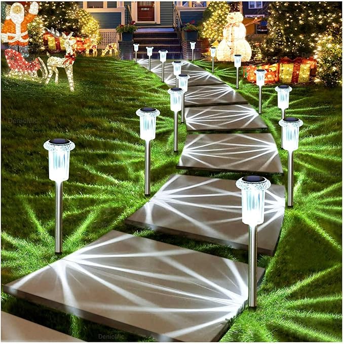 DenicMic Solar Lights Outdoor 10 Pack Waterproof 6000K Cold White LED Stainless Steel Stake for Pathway Yard Garden Driveway Solar Powered Outside Decor-Ruum Studio Home