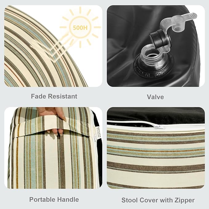 LVTXIII Outdoor Inflatable Ottoman, Fade-Resistant Round Footrest Stool D31”x H14”, Portable Patio Pouf for Garden Camping or Home Use, Stripe Onyx-Ruum Studio Home