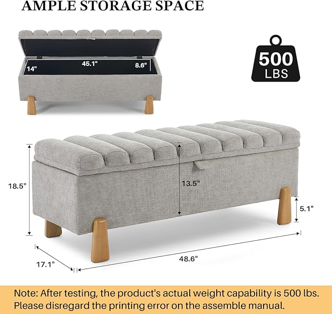 Storage Ottoman Bench, Bedroom Storage Bench Foot Rest with Legs, 17.1 x 48.6 x 18.5 Inches, End of Bed Bench, Load up to 500 lb, for Living Room, Bedroom, Entryway, Light Gray-Ruum Studio Home