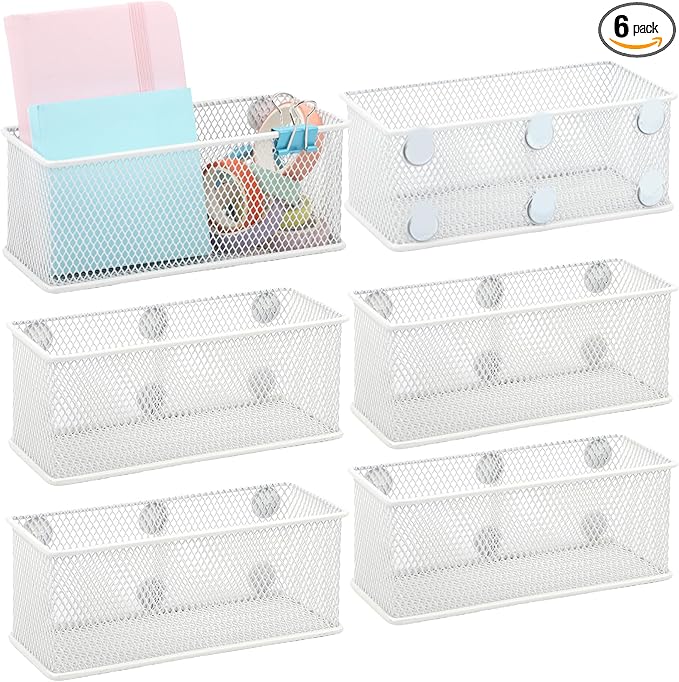 EASEPRES Magnetic Pencil Holder Set of 6 - Wire Mesh Storage Baskets Organizer with Strong Magnets - Perfect for Whiteboard, Refrigerator and Locker Accessories, White-Ruum Studio Home
