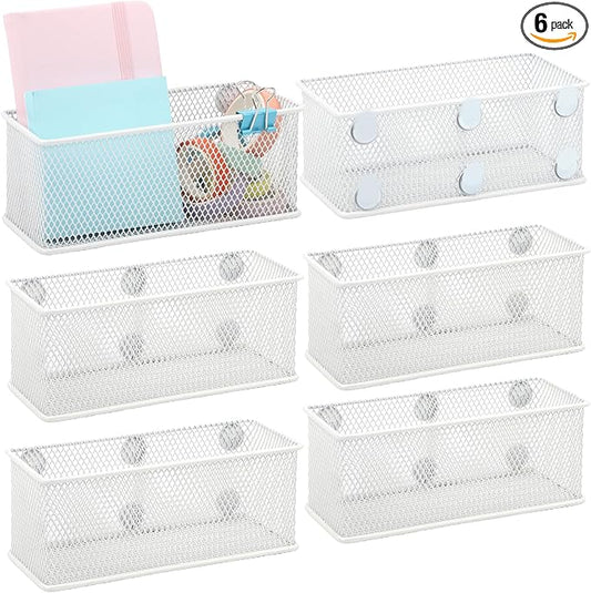 EASEPRES Magnetic Pencil Holder Set of 6 - Wire Mesh Storage Baskets Organizer with Strong Magnets - Perfect for Whiteboard, Refrigerator and Locker Accessories, White-Ruum Studio Home