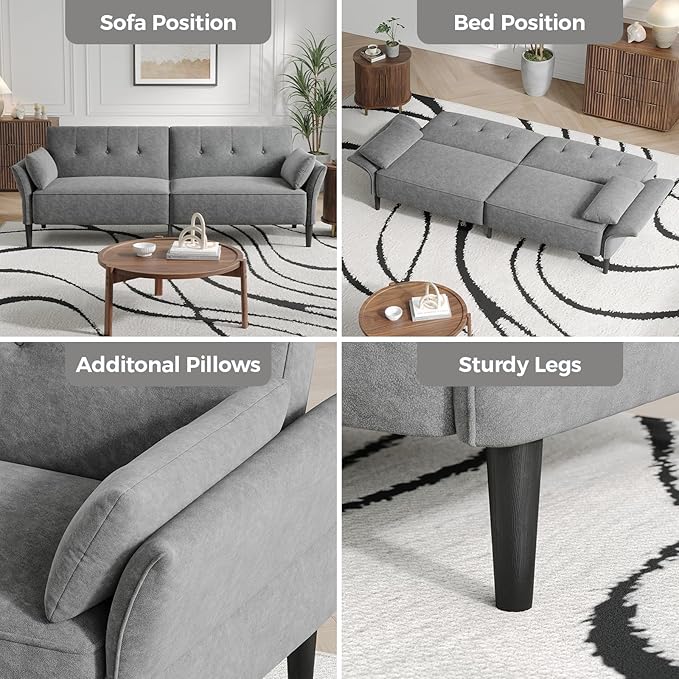 89” Futon Sofa Bed, Comfy Futon Couch Bed with 2 Square Pillows, Convertible Sleeper Sofa with Adjustable Backrest& Armrests, Modern Loveseat Sleeper for Living Room, Bedroom, Light Gray-Ruum Studio Home