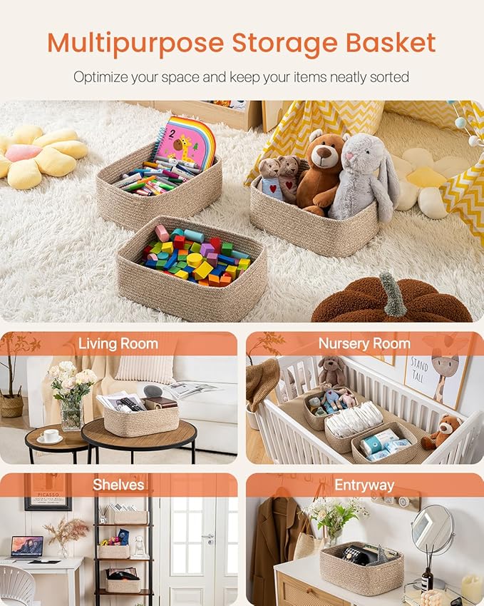KALLAX Small Woven Basket, 13.5 x 9.5 x 5 Inches, Storage Basket for Organizing, Cute Small Rope Shelf Closet Cube Storage Bins Baskets for Shelves, Dog Toy Gift Baskets Empty, 3 Packs, Mixed Brown-Ruum Studio Home
