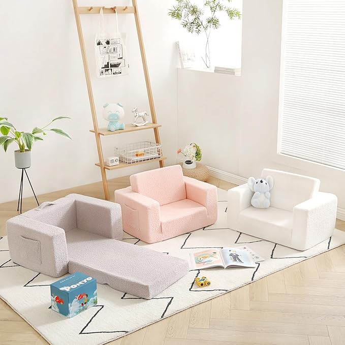 Welnow 2-in-1 Kids Sofa Chair, Convertible Toddler Chair Flip Out Children Sofa Chair Folding Kids Play Sofa with Side Pockets & Removable Cover Armrest Chair for Girl or Boy-Ruum Studio Home