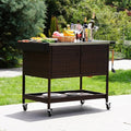Grand patio Outdoor Wicker Bar Cart, Outdoor Bar Table with Stainless Steel Tabletop, Patio Kitchen Island Grill Cart with Storage Cabinet and 4 Hooks-Ruum Studio Home