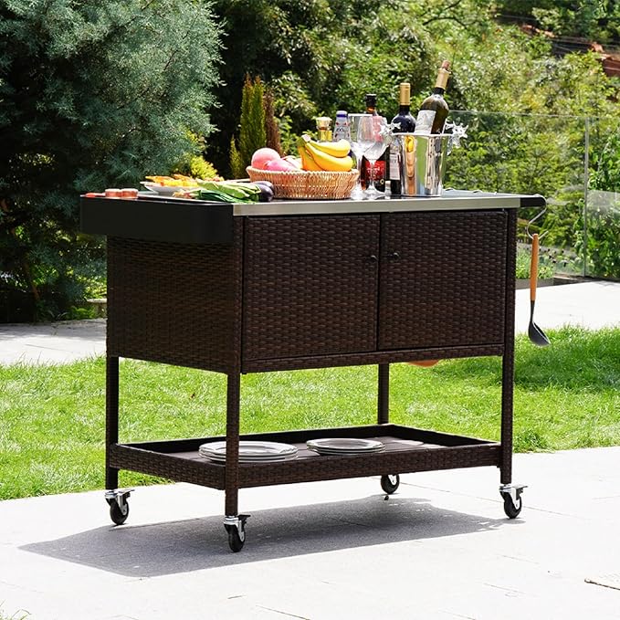 Grand patio Outdoor Wicker Bar Cart, Outdoor Bar Table with Stainless Steel Tabletop, Patio Kitchen Island Grill Cart with Storage Cabinet and 4 Hooks-Ruum Studio Home