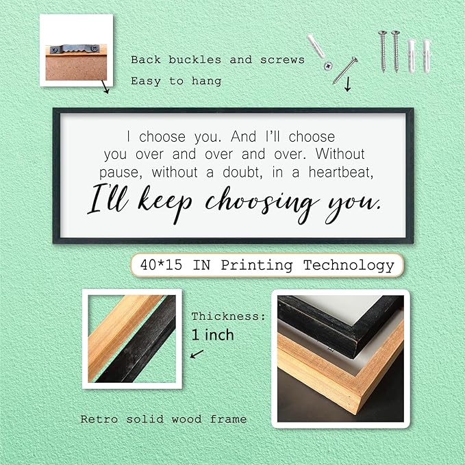 LuZhiQiang I'll Keep Choosing You Wall Decor 40"×15" for Master Bedroom Above Bed Sign I Choose You Large Wood Framed Wall Hanging Art (Black)-Ruum Studio Home