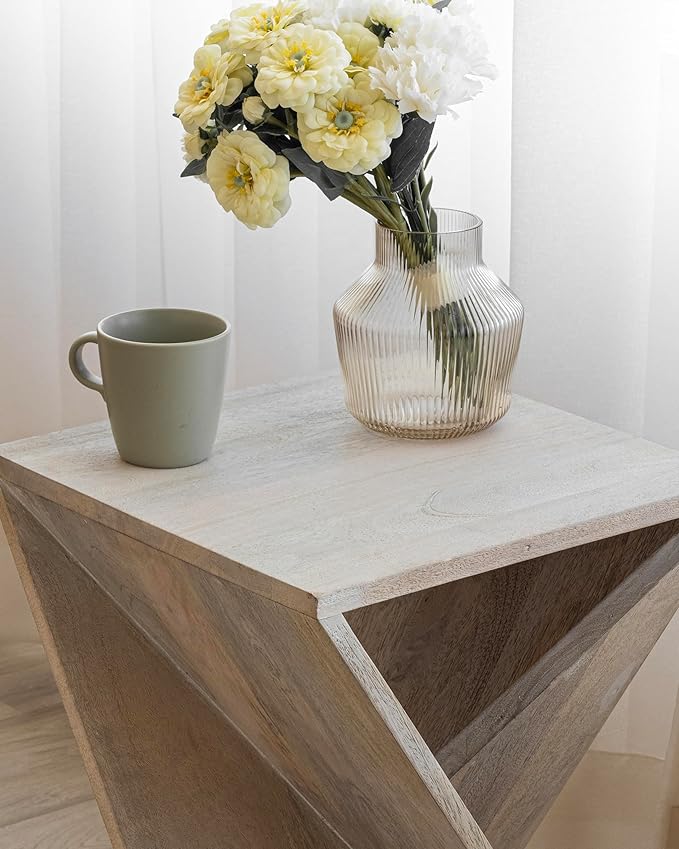 Modern Hand Made One-of-a-Kind Carved Mango Wood End Table, Farmhouse Side Table,Farmhouse End Table,Living Room,Bedroom, Accent Table, Contemporary Architectural Designed Whitewash,Assembled-Ruum Studio Home